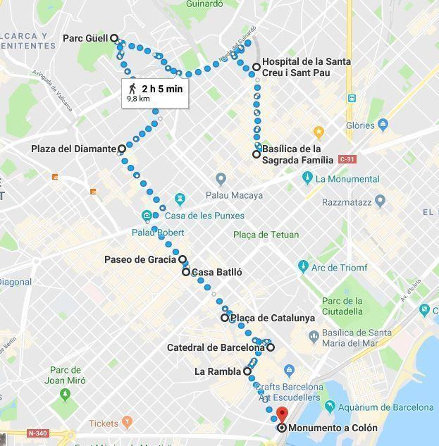 Mapa de la ruta del primer día del Barcelona en 2 días