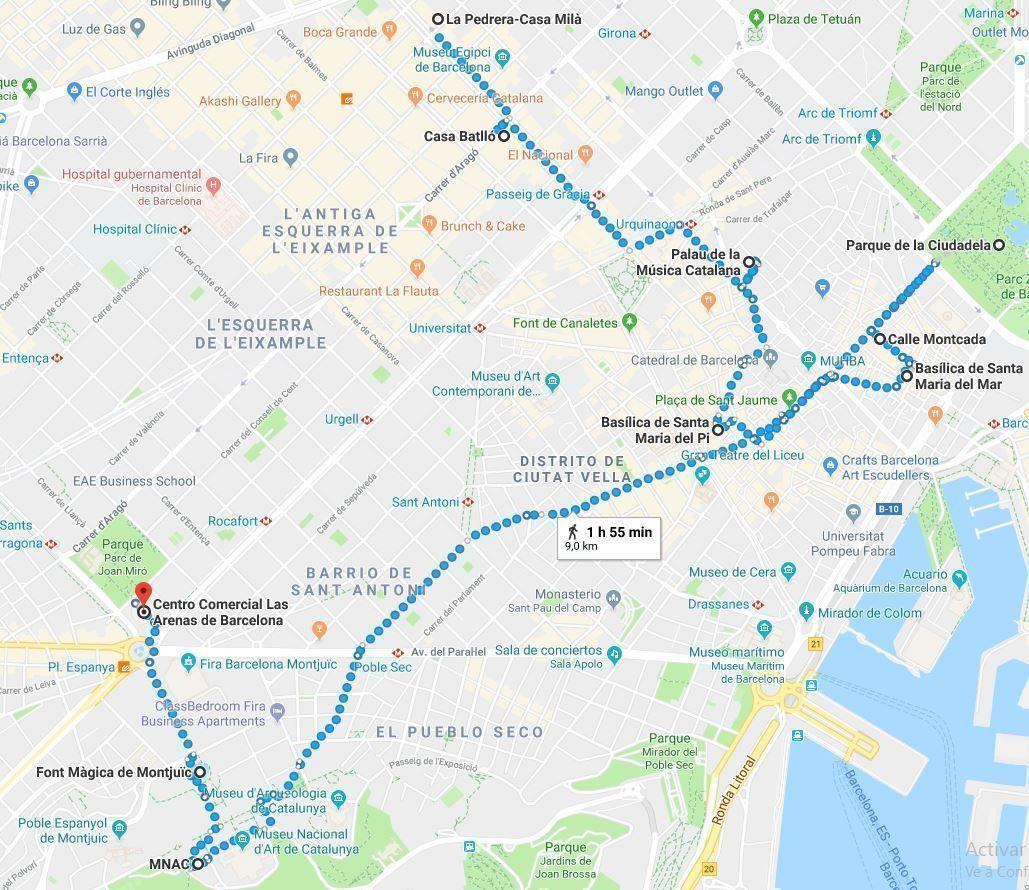 Mapa de la ruta por Barcelona en dos días
